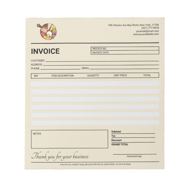 Neutral Catering Invoice / Receipt  Notepad (Front)