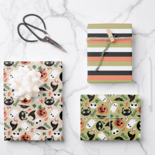 Neutral Cats & Pumpkins Mixed Halloween Patterns Wrapping Paper Sheets