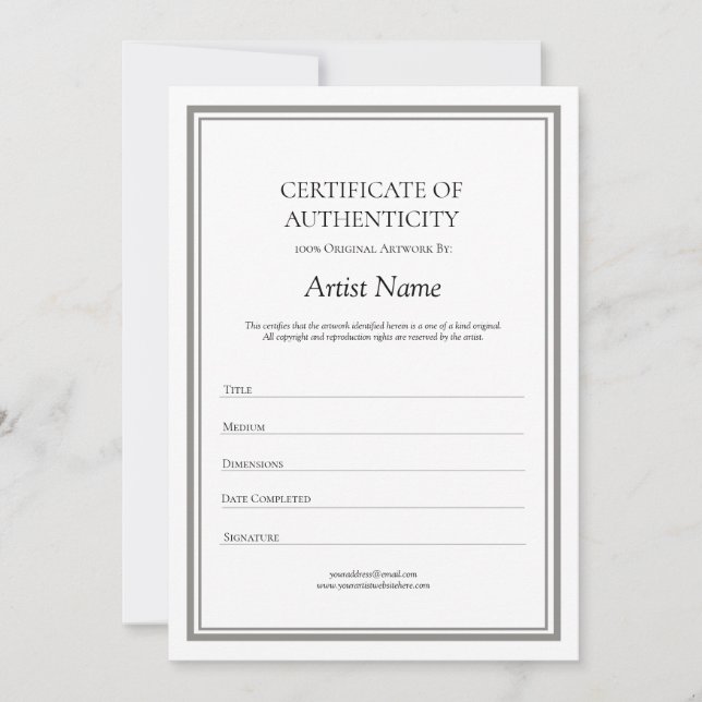 Neutral Certificate of Authenticity for Art Thank You Card (Front)