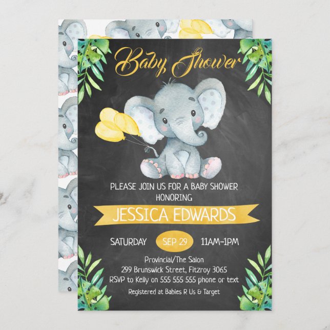 Neutral Chalkboard Elephant Baby Shower Invitation (Front/Back)