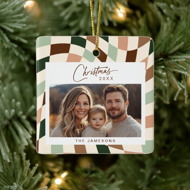 Neutral Checkered Photo Christmas Ceramic Ornament (Tree)