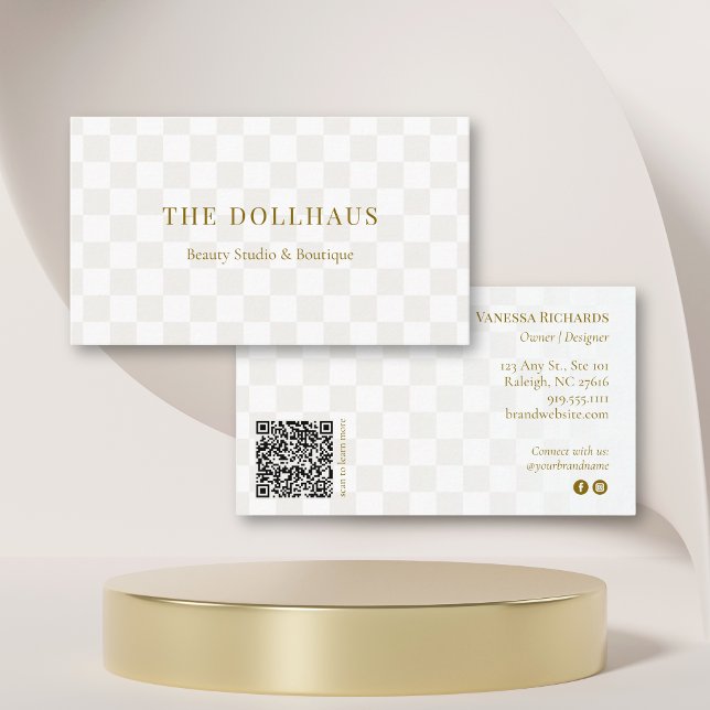 Neutral Checkered QR Code Modern Social Media Business Card (Creator Uploaded)