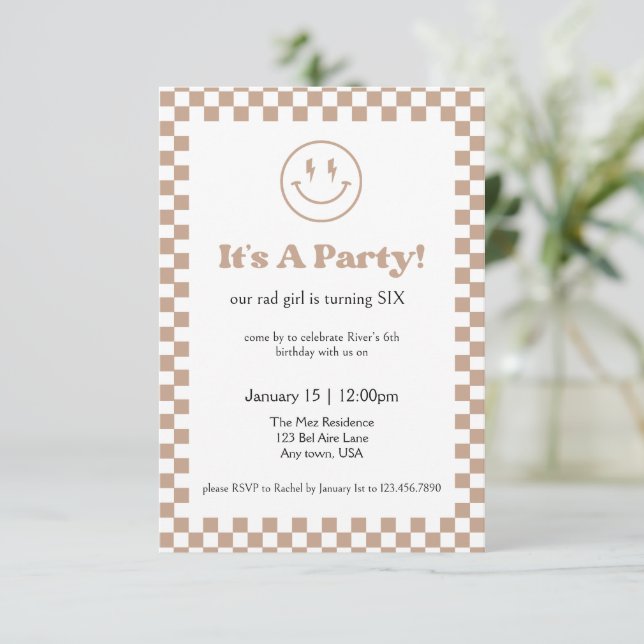 Neutral Checkered Rad Kid Invitation (Standing Front)