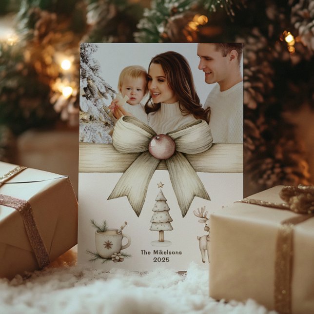 Neutral Christmas Bow Family Photo Card (Creator Uploaded)