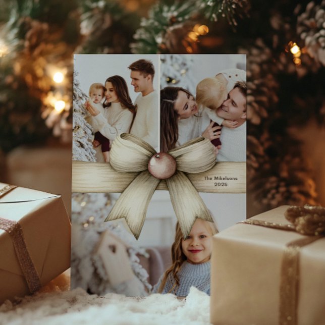 Neutral Christmas Bow Photo Collage Holiday Card (Creator Uploaded)