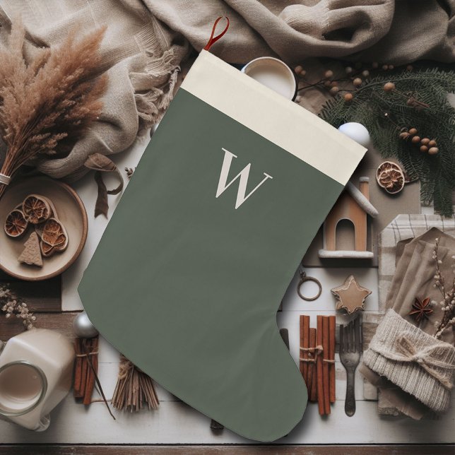 Neutral Christmas Farmhouse Moss Green Monogram Large Christmas Stocking (farmhouse christmas stocking personalized moss green monogram)