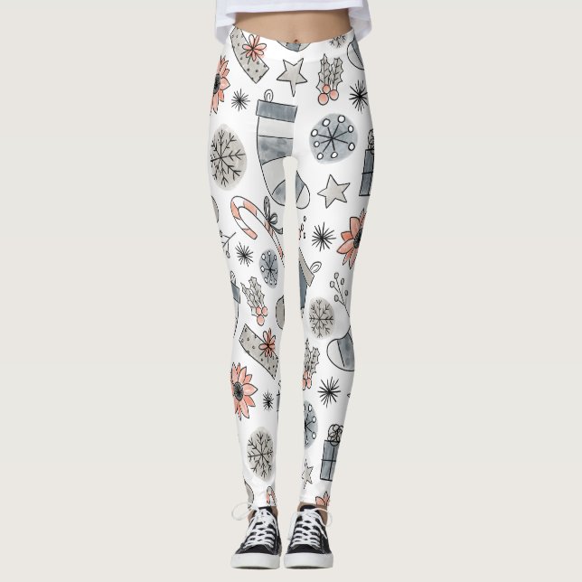 Neutral Christmas Leggings with Hand-Drawn Pattern (Front)
