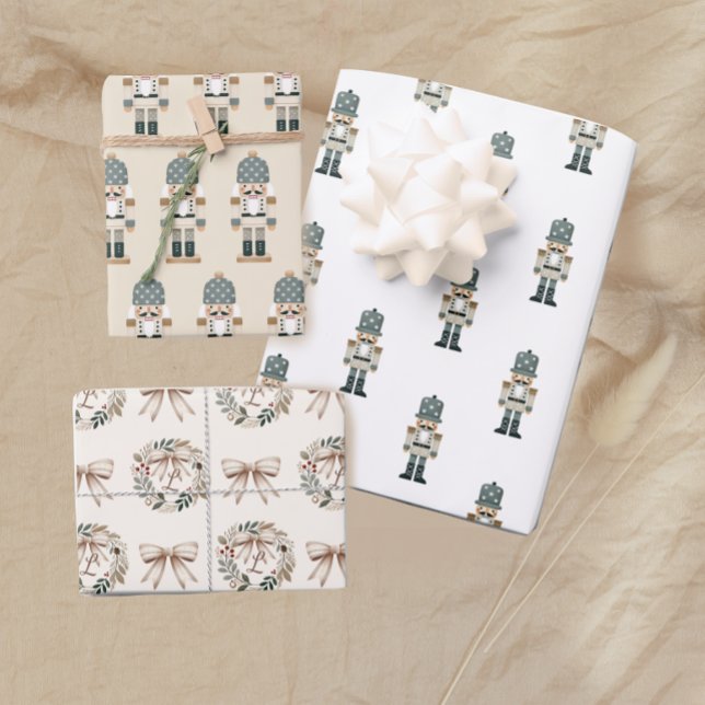 Neutral Christmas Nutcracker Monogram Wrapping Paper Sheets (Creator Uploaded)