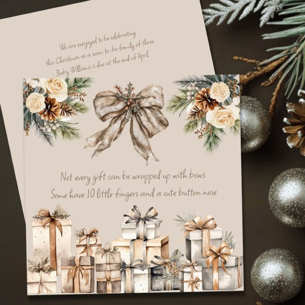 Pregnancy christmas card - Pink Dramatic personalized gifts for you Neutral christmas pregnancy poem brown bow holiday card
