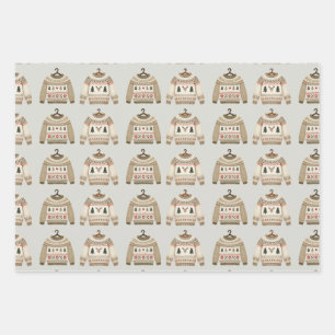 Neutral Christmas Sweater Nutcracker Monogram Wrapping Paper Sheets