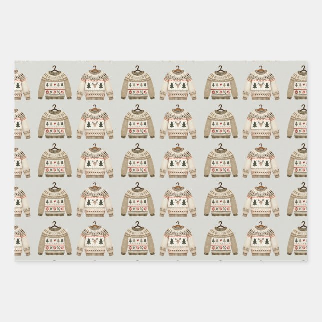 Neutral Christmas Sweater Nutcracker Monogram Wrapping Paper Sheets (Front)