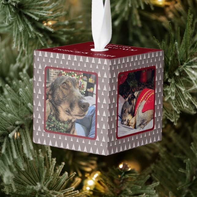 Neutral Christmas Tree 4 Photo Dog Christmas Cube Ornament (Tree)