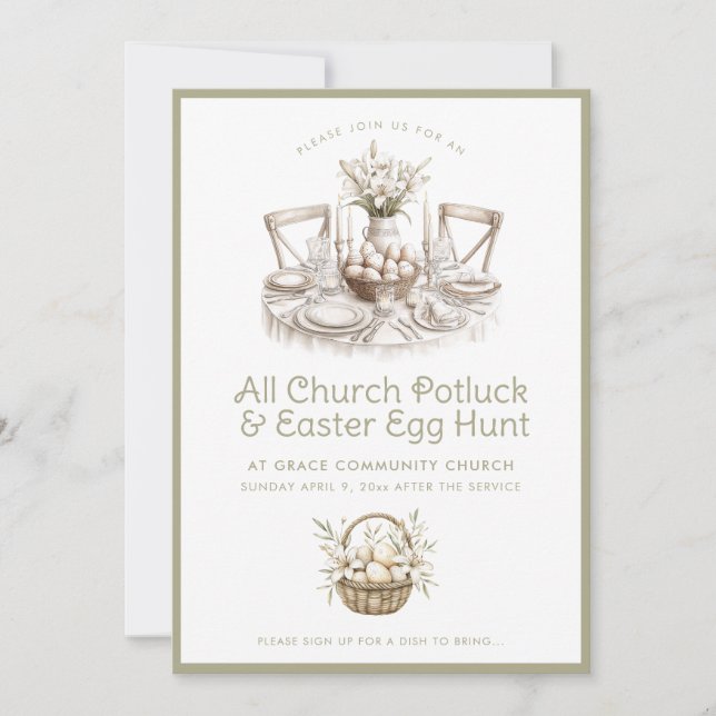 Neutral Church Potluck and Easter Egg Hunt Invitation (Front)