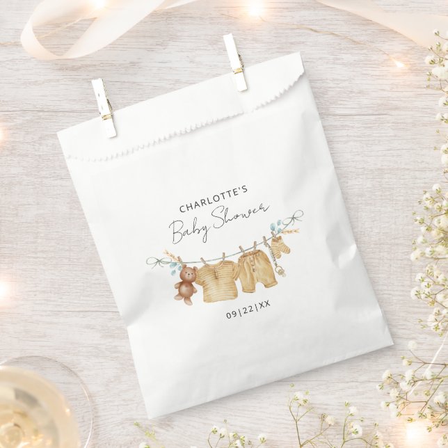 Neutral Clothesline Baby Shower Favor Bag (Clipped)
