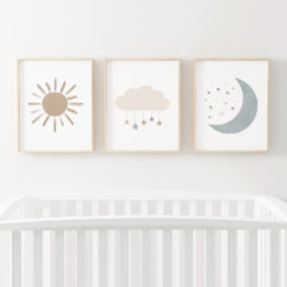 Neutral Cloud Moon Sun Boy Nursery Decor Wall Art Sets