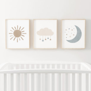 Neutral Cloud Moon Sun Boy Nursery Decor Wall Art Sets