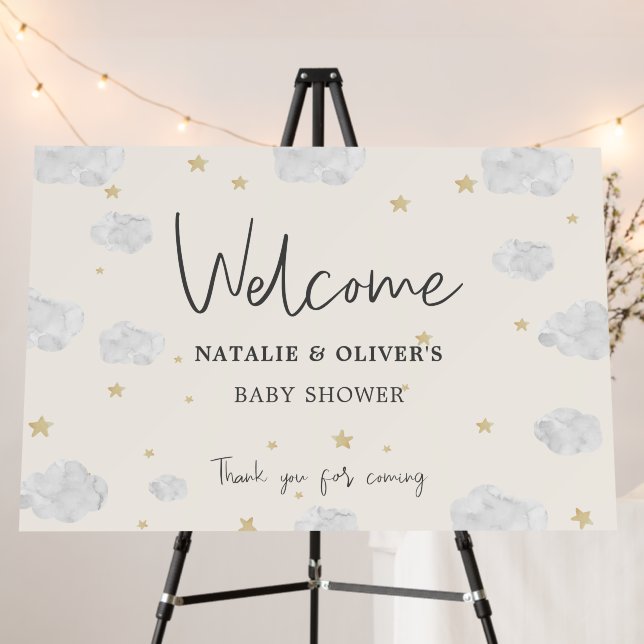 Neutral Clouds Stars Baby Shower Welcome Sign (In Situ (Stand))