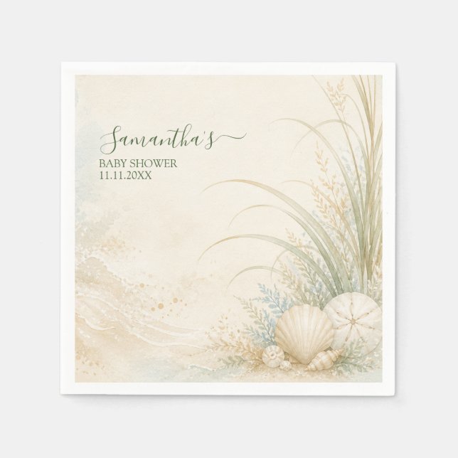 Neutral Coastal Seashell Baby Shower Napkins (Front)