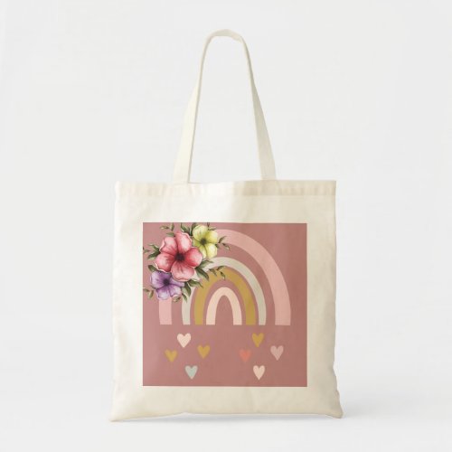 Neutral Color Boho Rainbow with Flowers Tote Bag