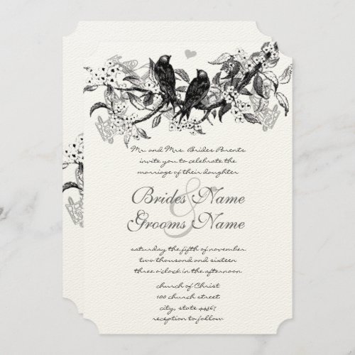 Neutral Color Rustic Chic Lovebird Wedding Invitation