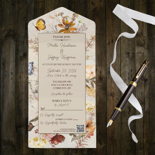 Neutral Color Wildflowers on Beige with QR Code All In One Invitation