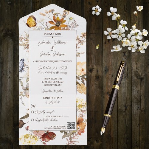 Neutral Color Wildflowers on White with QR Code  All In One Invitation