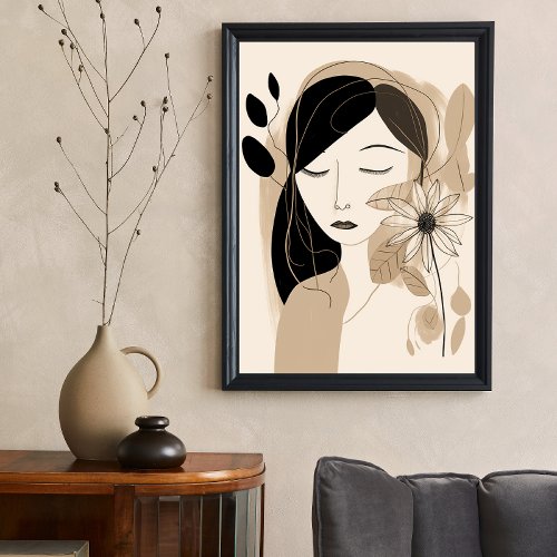 Neutral Color Woman with Flower Boho Poster
