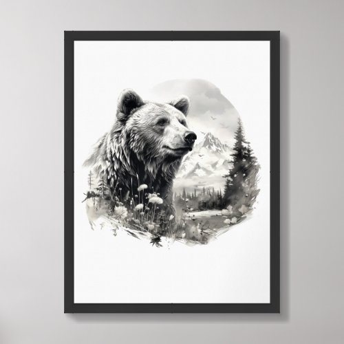 Neutral colors Watercolor bear in the forest  Framed Art