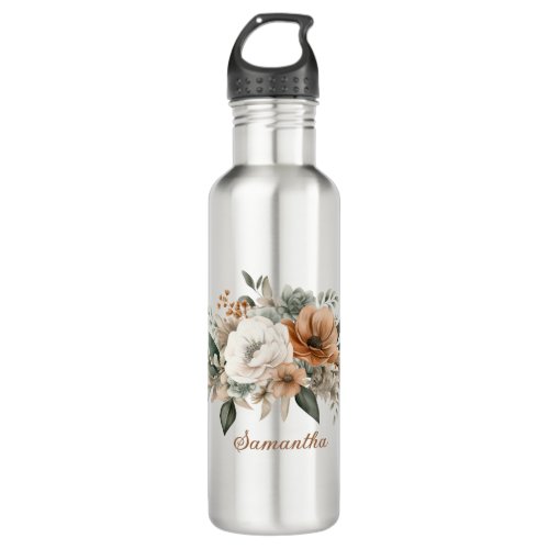 Neutral Colors White Beige Blue Greenery Floral  Stainless Steel Water Bottle