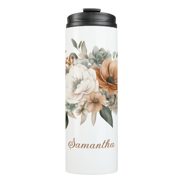 Neutral Colors White Beige Blue Greenery Floral  Thermal Tumbler (Front)