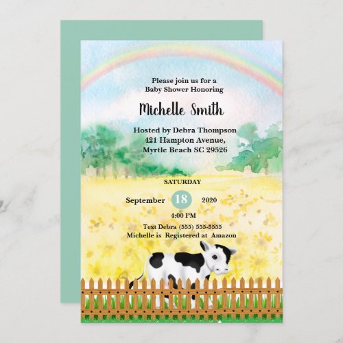 Neutral Cow Rainbow Baby Shower Invitation