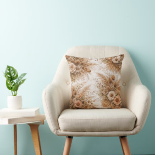 Neutral Cream & Caramel Boho Floral Pattern Throw Pillow