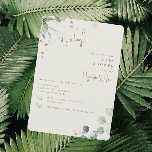 Neutral Cream & Greenery  It's a Boy Baby Shower  Invitation (Creator Uploaded)