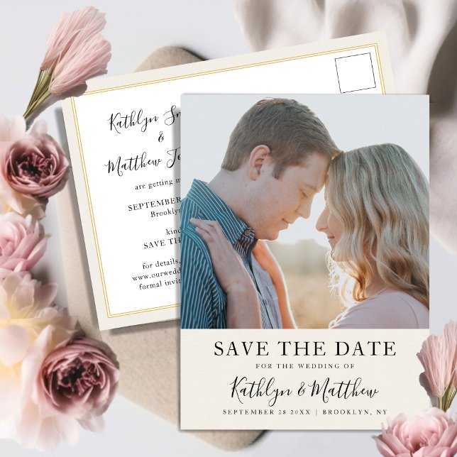 Neutral Cream Modern Minimalist Photo Wedding Announcement Postcard (Creator Uploaded)