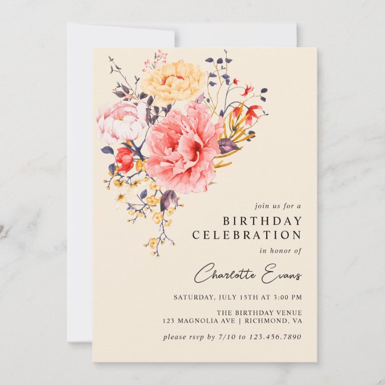 Neutral Cream Rustic Floral Any Age Adult Birthday Invitation