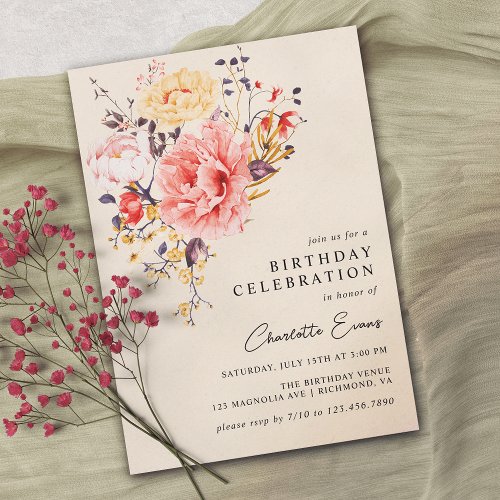 Neutral Cream Rustic Floral Any Age Adult Birthday Invitation