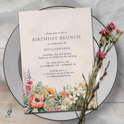 Neutral Cream Rustic Floral  Boho Birthday Brunch Invitation