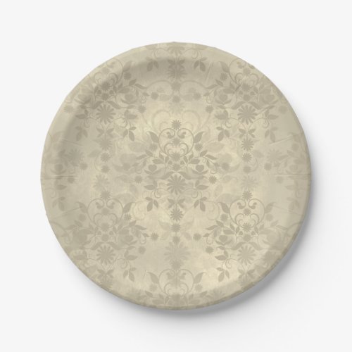 Neutral Cream Tan Double Damask Pattern Paper Plates