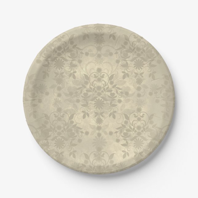 Neutral Cream Tan Double Damask Pattern Paper Plates (Front)