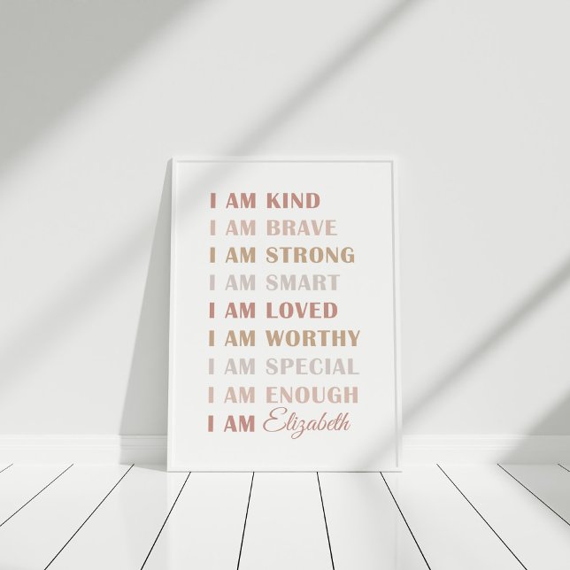 Neutral Custom Name Affirmation Poster for Kids (Custom name affirmation poster for girls in white frame)
