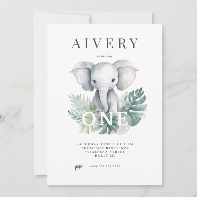 Neutral Cute Elephant First Birthday Invitation (Front)