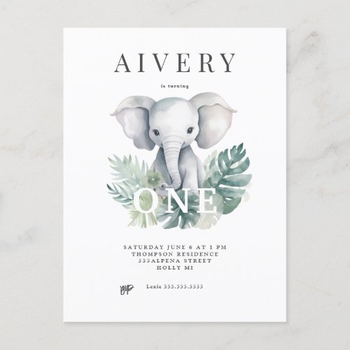 Neutral Cute Elephant First Birthday Invitation Postcard
