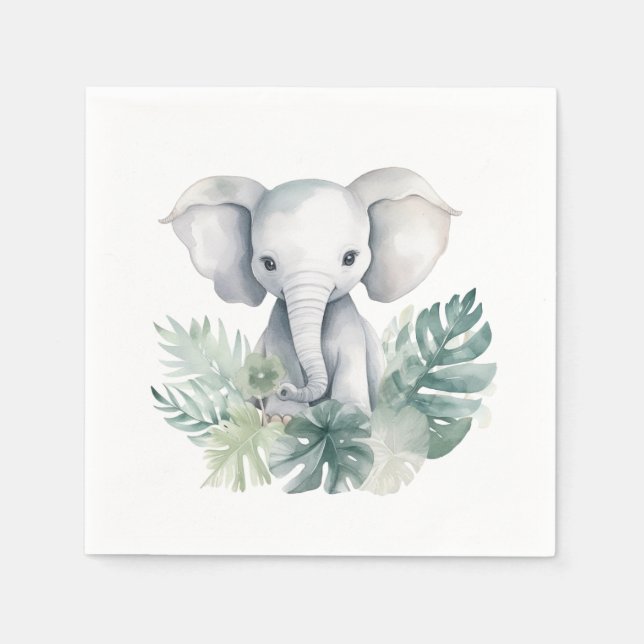 Neutral Cute Elephant First Birthday Napkins (Front)