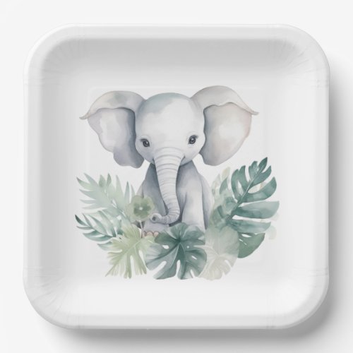 Neutral Cute Elephant First Birthday Paper Plates