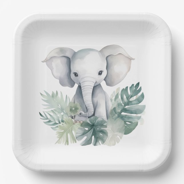 Neutral Cute Elephant First Birthday Paper Plates (Front)