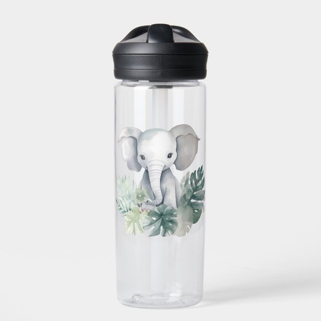 Neutral Cute Elephant First Birthday Water Bottle (Front)