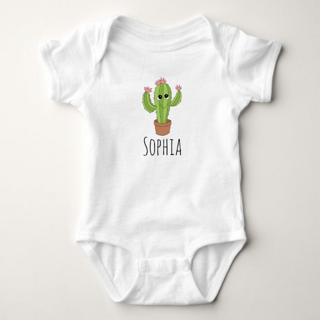 Neutral Cute Kawaii Cactus Plant and Name Baby Bodysuit (Front)