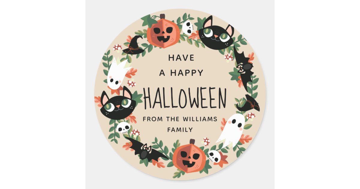 Neutral Cute Spooky Happy Halloween Wreath Classic Round Sticker | Zazzle