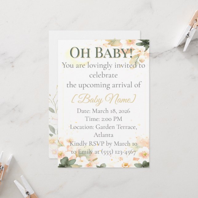 Neutral Daffodil Moon Baby Shower Invitation (Front/Back In Situ)