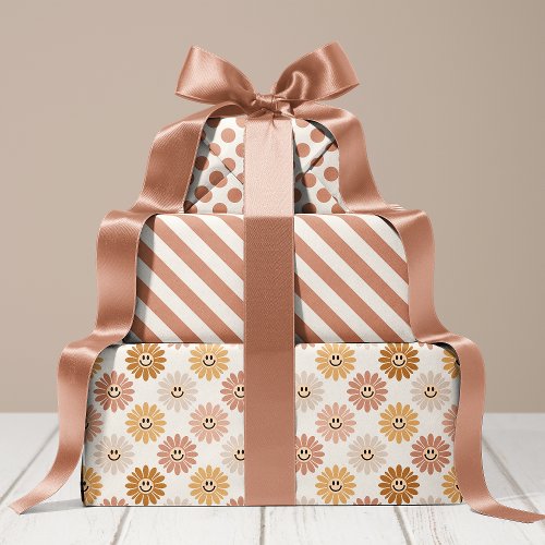 Neutral Daisy Floral Stripes Polka Dot Wrapping Paper Sheets